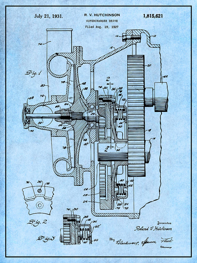 1927 Supercharger Drive Light Blue Patent Print  Drawing by Greg Edwards