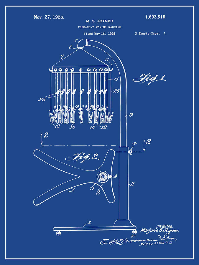 1928 M.S. Joyner African American Inventor Permanent Waving Machine Dark Blue Patent Print Drawing by Greg Edwards