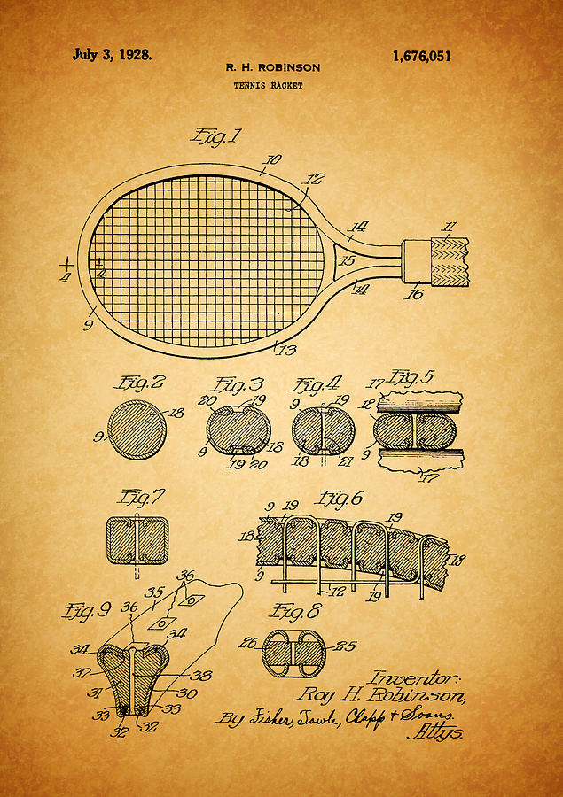 1928 Tennis Racket Patent Drawing by Dan Sproul