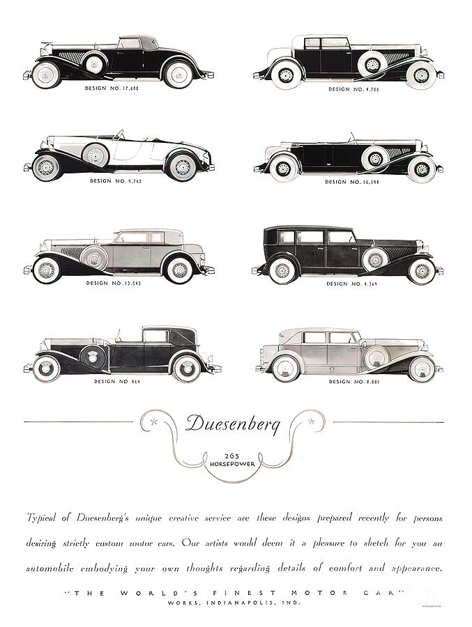 1929 Duesenberg Gallery of Body Styles Drawing by Retrographs