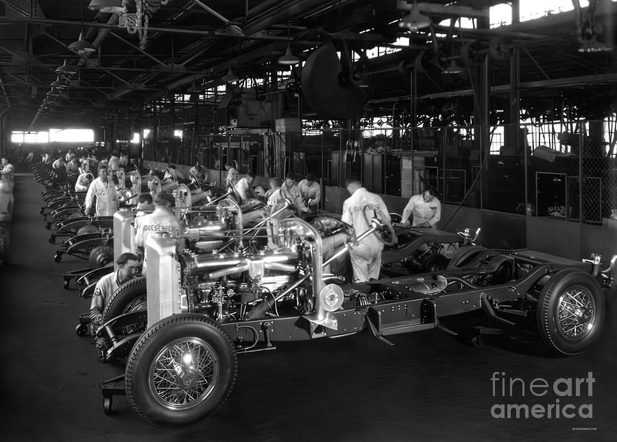 1929 Duesenberg Factory with Model J Chassis Under Construction second in a series Photograph by Retrographs