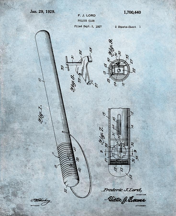 Police Baton Drawing - 1929 Police Club Patent by Dan Sproul