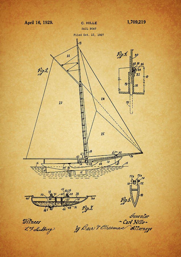 Boat Drawing - 1929 Sailboat Patent by Dan Sproul