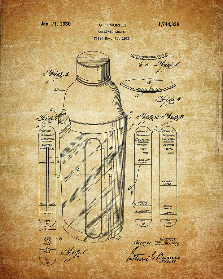 Cocktail Drawing - 1930 Cocktail Shaker Patent by Dan Sproul