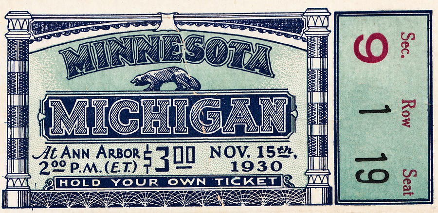 1930 Michigan vs. Minnesota Football Ticket Art Mixed Media by Row One Brand