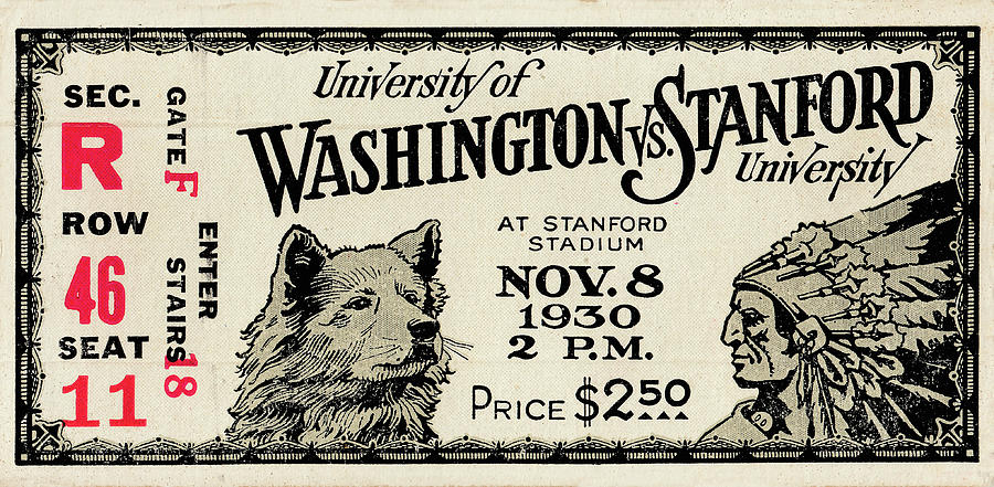 Palo Alto Mixed Media - 1930 Washington vs. Stanford Football Ticket Art by Row One Brand