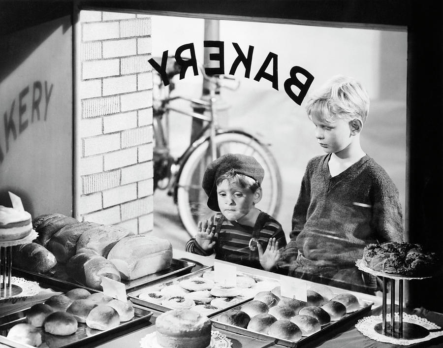 1930s 1940s Two Boys Looking In Bakery Shop Window At Desserts One Boy Pressing Hands And Nose Again Photograph by Panoramic Images