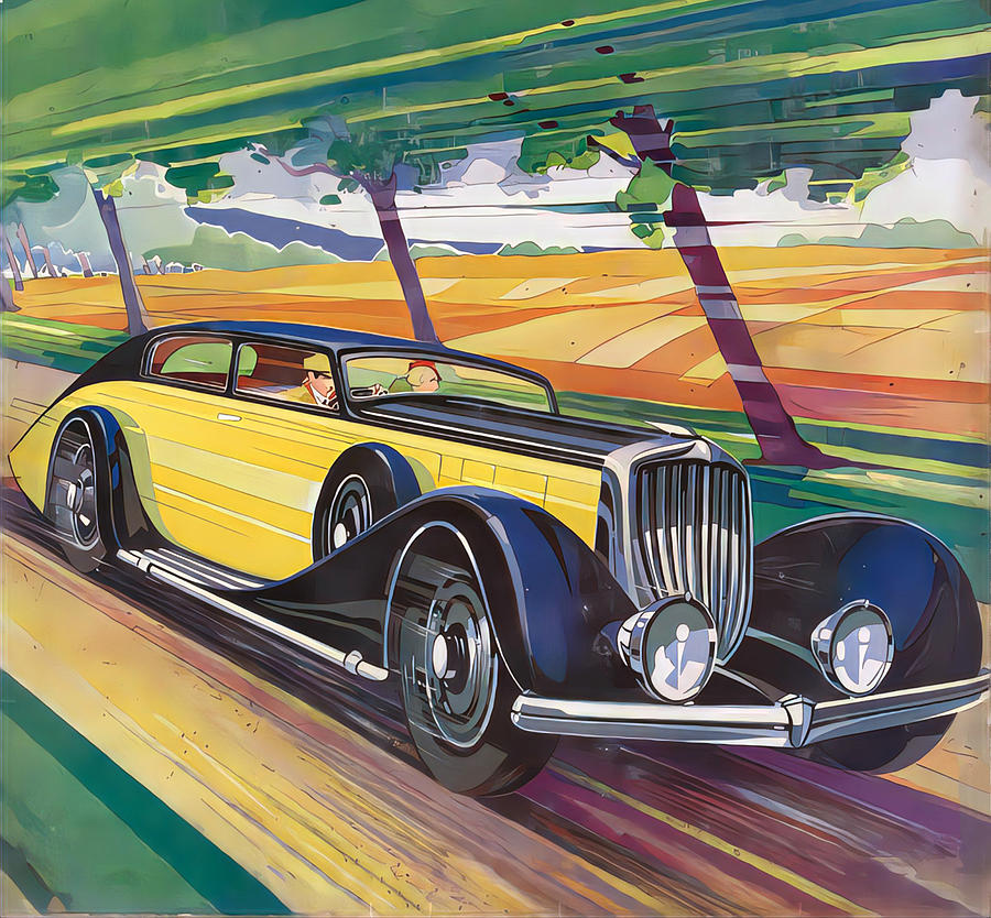 1930s Art Deco Illustration Vintage Car Painting by Retrographs