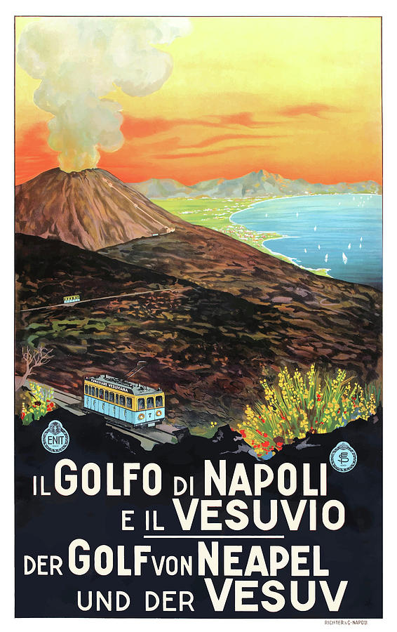Travel Poster Digital Art - 1930s ITALY Gulf of Napoli and Mount Vesuvius Poster by Retro Graphics