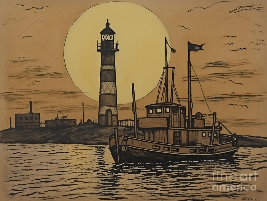Sunset Painting - 1930s Liverpool harbour scene viewed at dusk by Asar Studios by Celestial Images