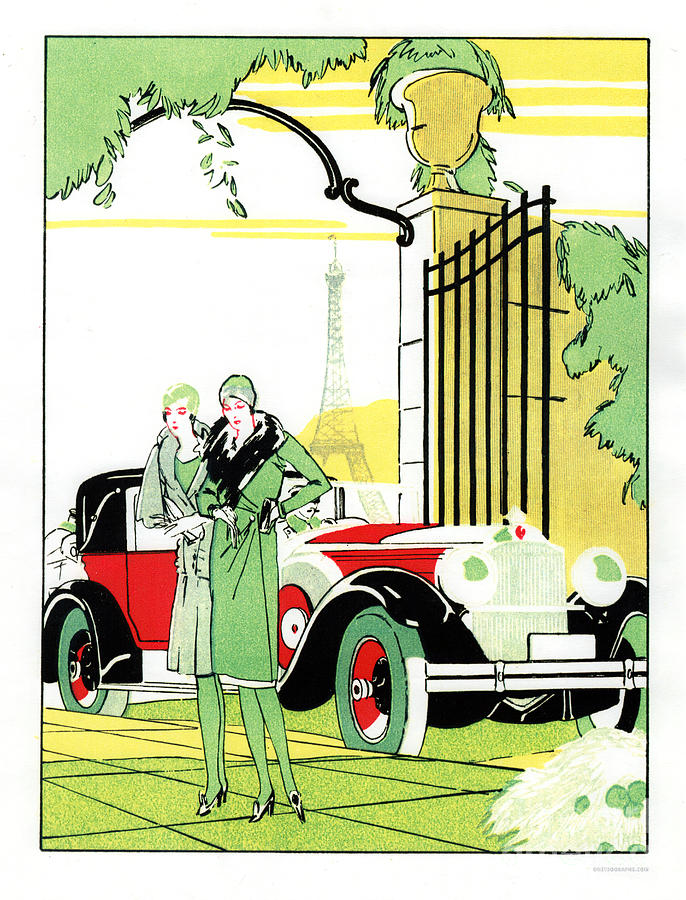 1930s Packard town car and couple in Paris Painting by Retrographs