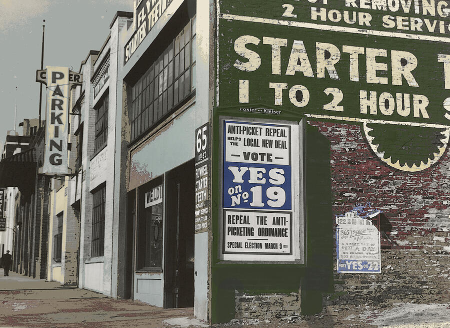 1930s Street Corner with Signs colorized old photograph Mixed Media by Shelli Fitzpatrick