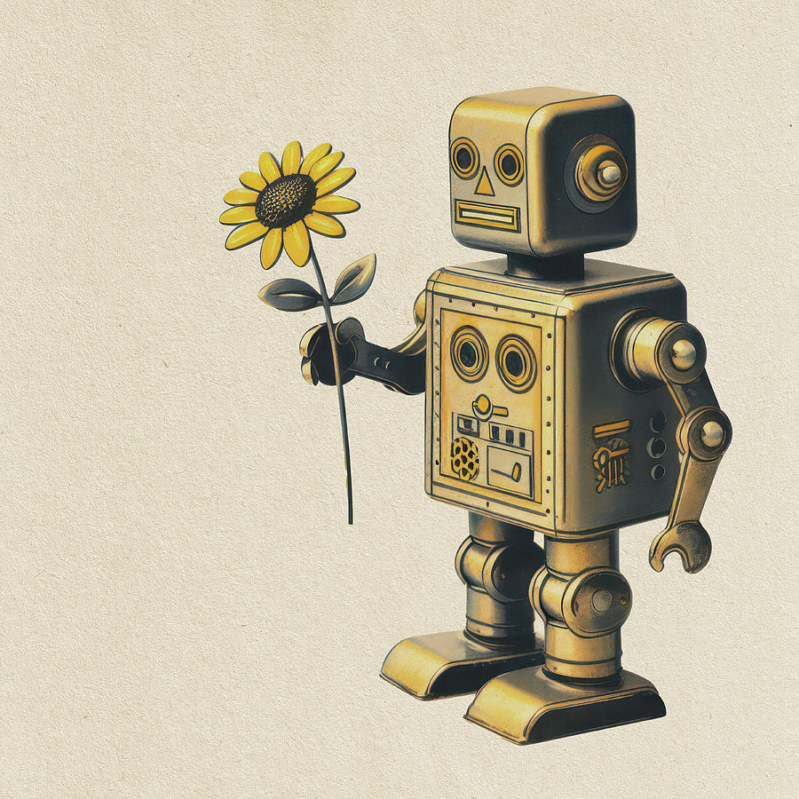Sunflower Digital Art - 1930s Style Robot With Sunflower With Textured Paper Background by David Smith