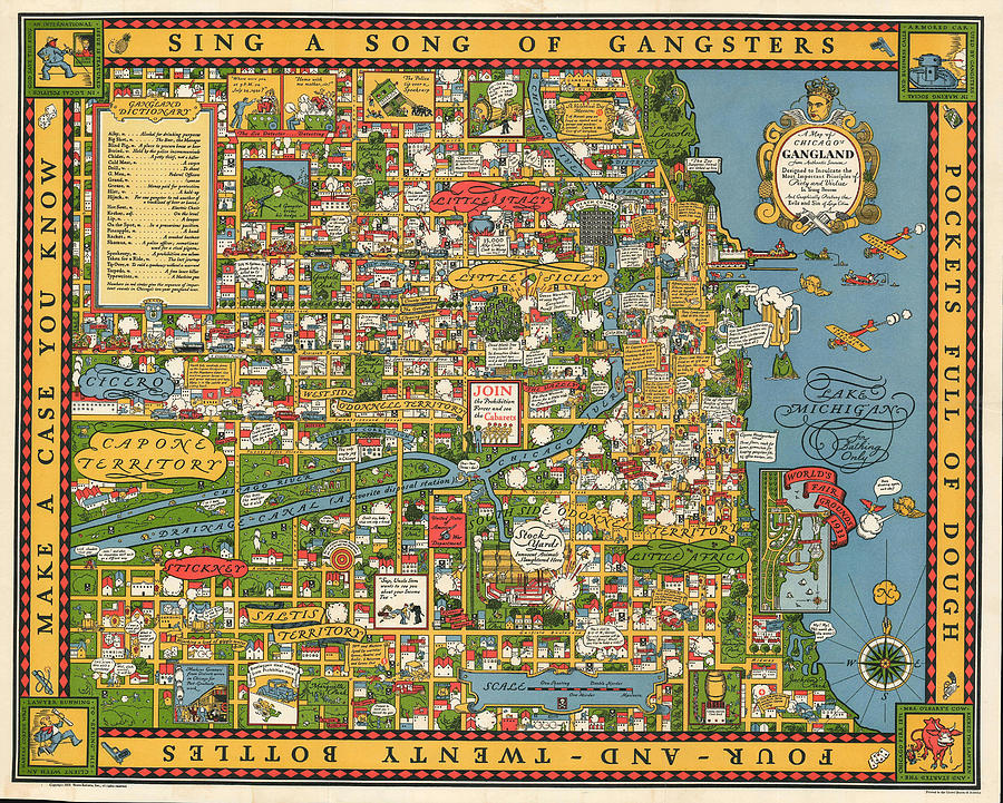 1931 Bruce-roberts Pictorial Map Of Gangland Chicago Cropped Painting