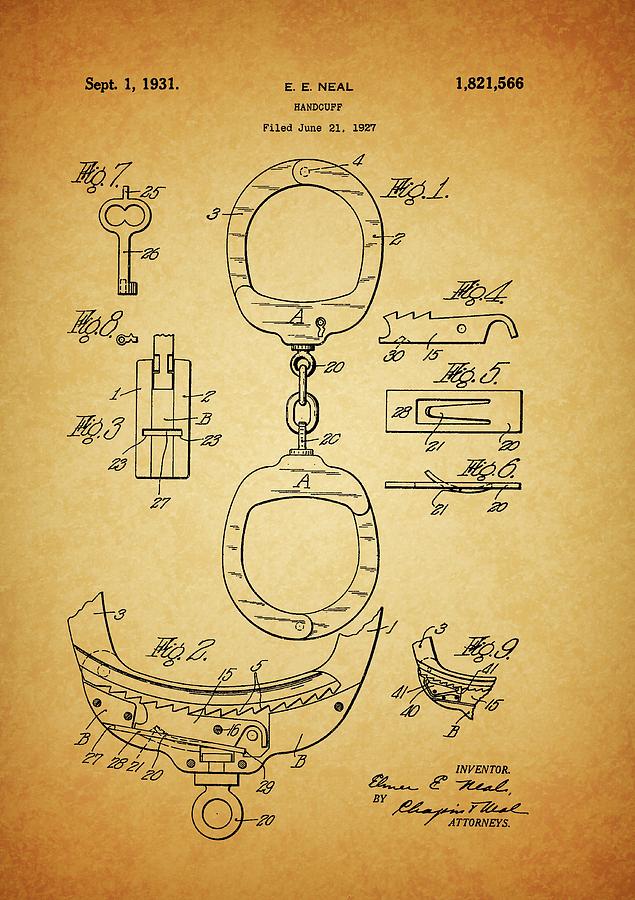 Handcuff Drawing - 1931 Handcuffs Patent by Dan Sproul