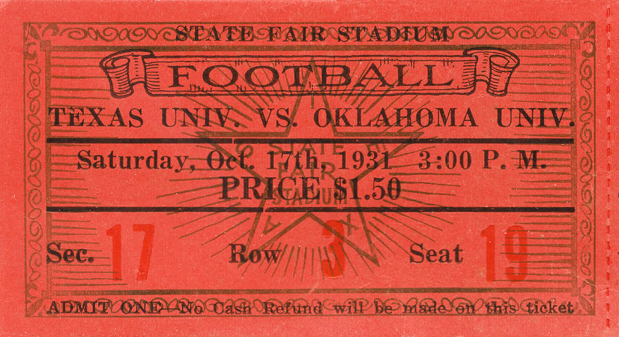 University Of Oklahoma Mixed Media - 1931 Oklahoma vs. Texas Football Ticket Art by Row One Brand