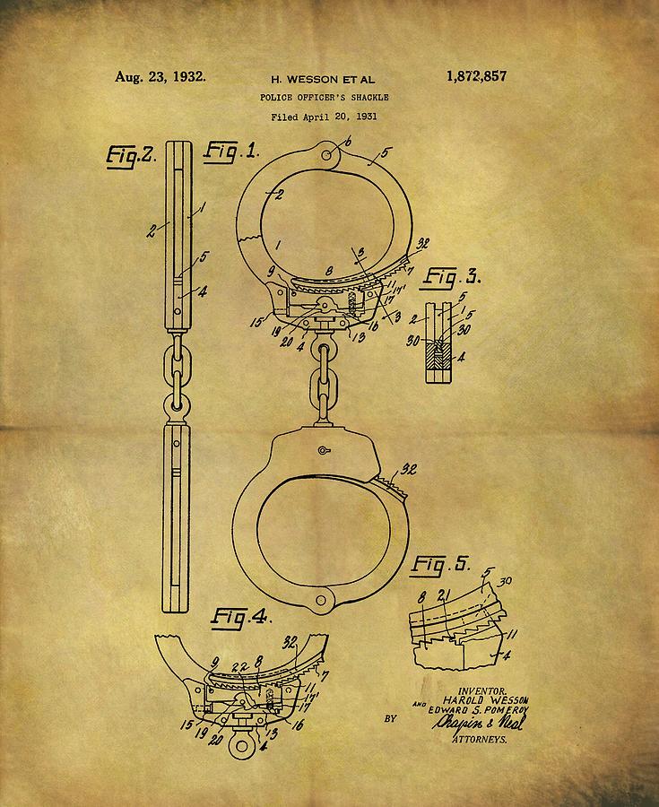 1932 Handcuffs Patent Drawing by Dan Sproul
