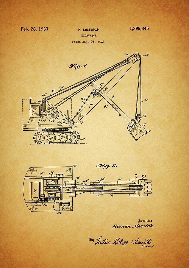 Excavator Drawing - 1933 Excavator Patent by Dan Sproul