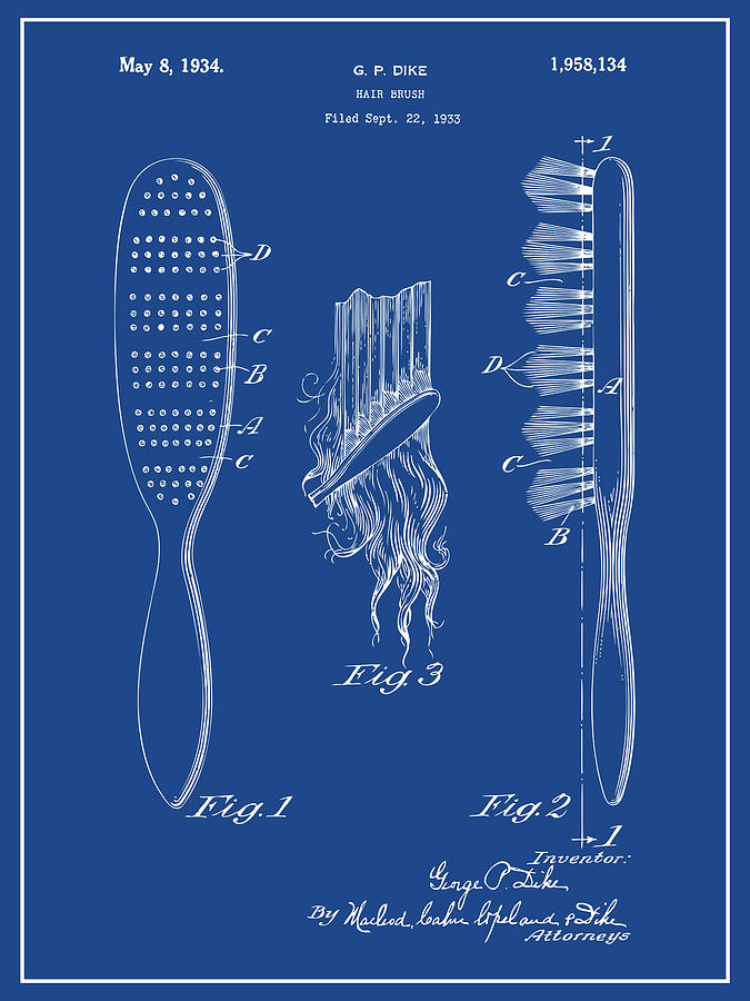 1933 Hair Brush Blue Patent Print Drawing by Greg Edwards - Fine Art America
