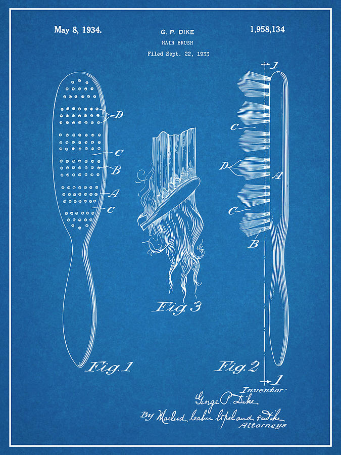 1933 Hair Brush Blueprint Patent Print Drawing by Greg Edwards