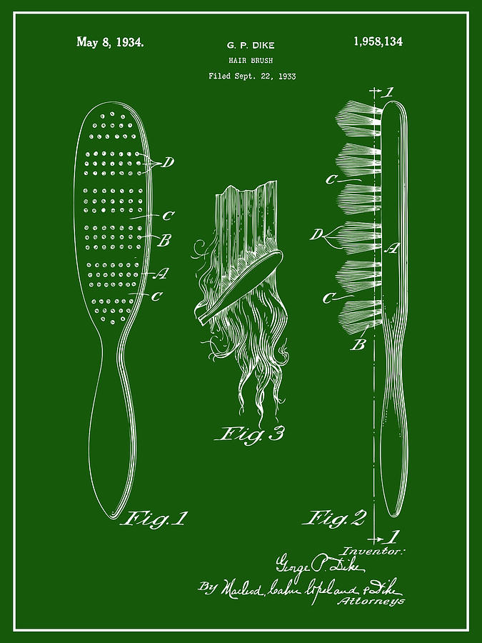 1933 Hair Brush Green Patent Print Drawing by Greg Edwards