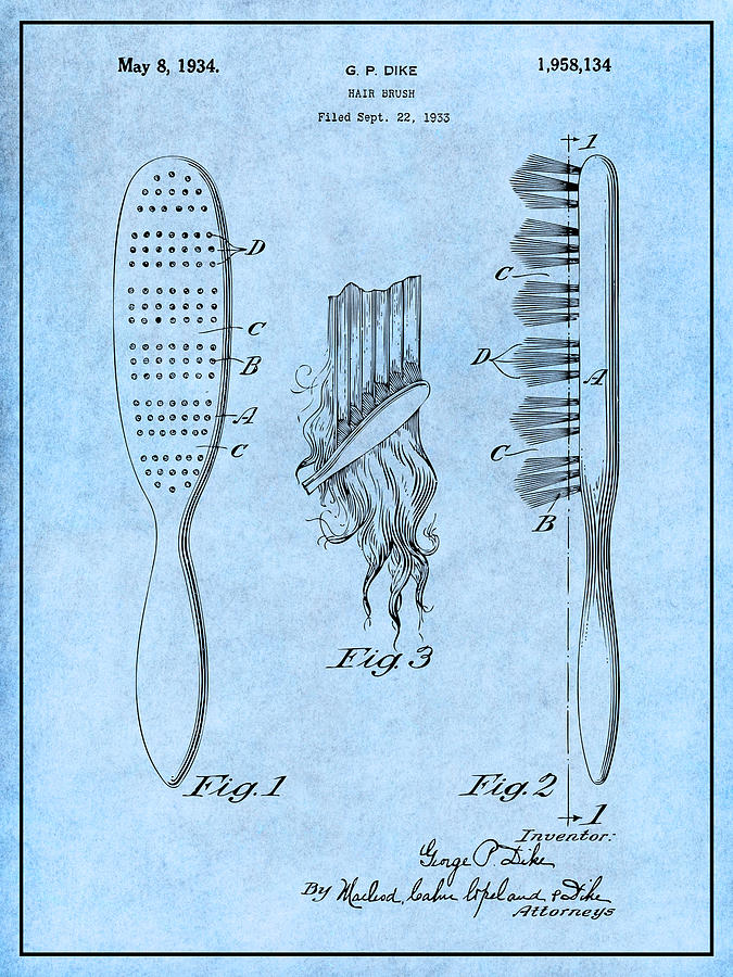 1933 Hair Brush Light Blue Patent Print Drawing by Greg Edwards