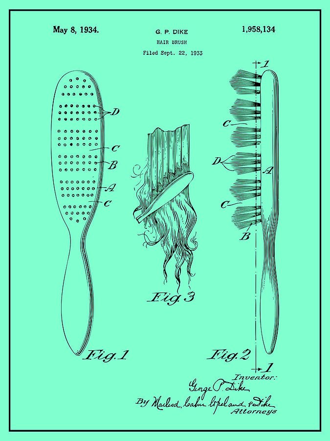 1933 Hair Brush Seafoam Green Patent Print Drawing by Greg Edwards