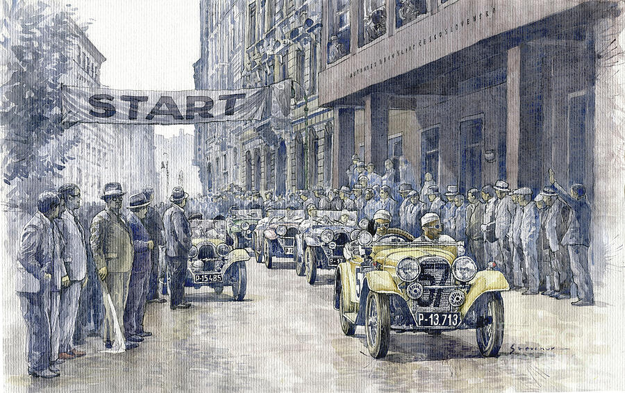 1933 Prague First Start of 1000 Miles of Czechoslovakia Aero 18HP-750 Painting by Yuriy Shevchuk 1933 Prague First Start of 1000 Miles of Czechoslovakia Aero 18HP-750 Painting by Yuriy Shevchuk