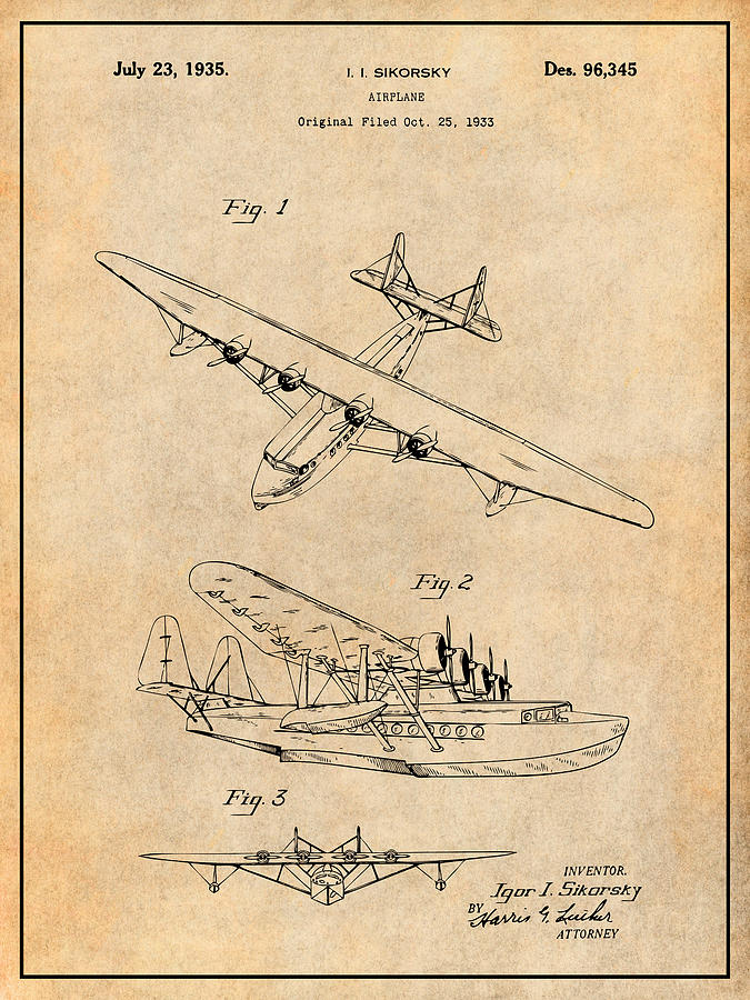 1933 Sikorsky Amphibian Airplane Antique Paper Patent Print Drawing by Greg Edwards