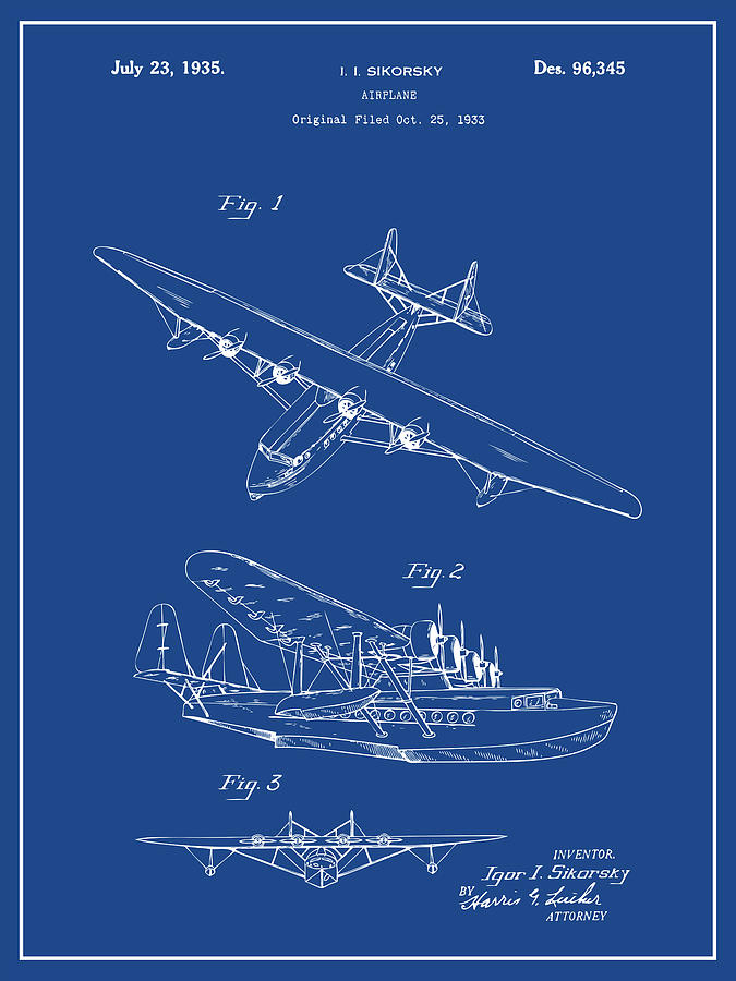 1933 Sikorsky Amphibian Airplane Dark Blue Patent Print Drawing by Greg Edwards