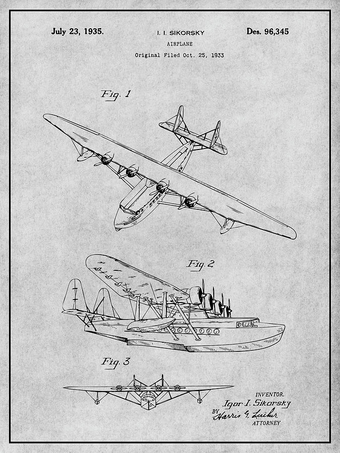 1933 Sikorsky Amphibian Airplane Gray Patent Print Drawing by Greg Edwards