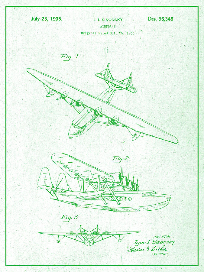 1933 Sikorsky Amphibian Airplane Green Patent Print Drawing by Greg Edwards