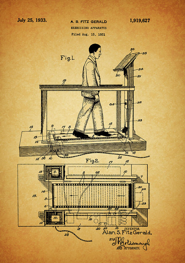Vintage Drawing - 1933 Treadmill Patent by Dan Sproul