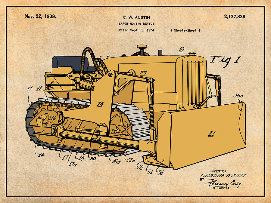 1934 Austin Earth Moving Bulldozer 2 Colorized Patent Print Antique Paper Drawing By Greg Edwards