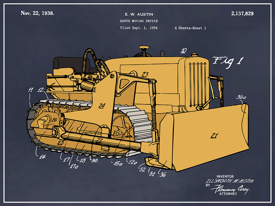 1934 Austin Earth Moving Bulldozer 2 Colorized Patent Print Blackboard Drawing by Greg Edwards