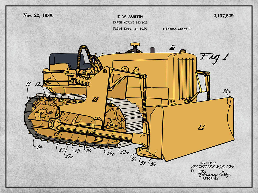 1934 Austin Earth Moving Bulldozer 2 Colorized Patent Print Gray Drawing by Greg Edwards