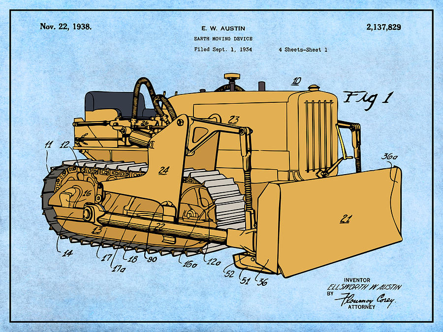 1934 Austin Earth Moving Bulldozer 2 Colorized Patent Print Light Blue Drawing by Greg Edwards