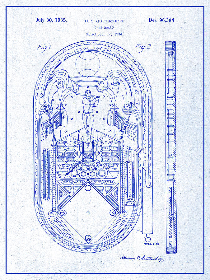 1934 Baseball Pinball Machine Blueprint Patent Print Drawing by