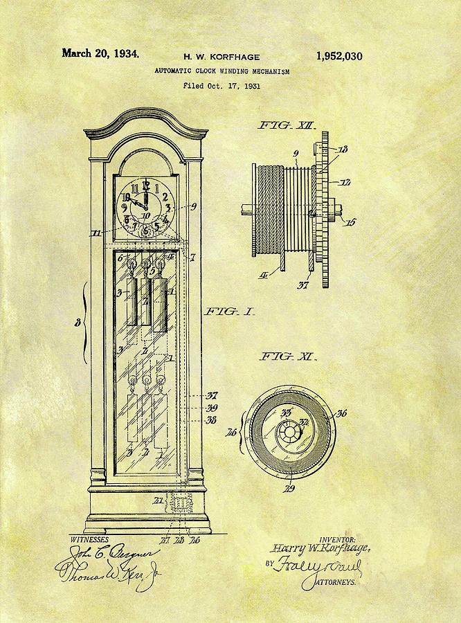 Clock Drawing - 1934 Grandfather Clock Patent by Dan Sproul