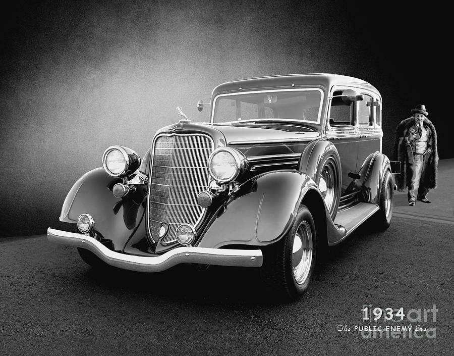Transportation Mixed Media - 1934 Model Sedan BW by Thomas Burtney