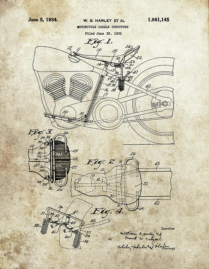 1934 Motorcycle Saddle Patent Drawing by Dan Sproul