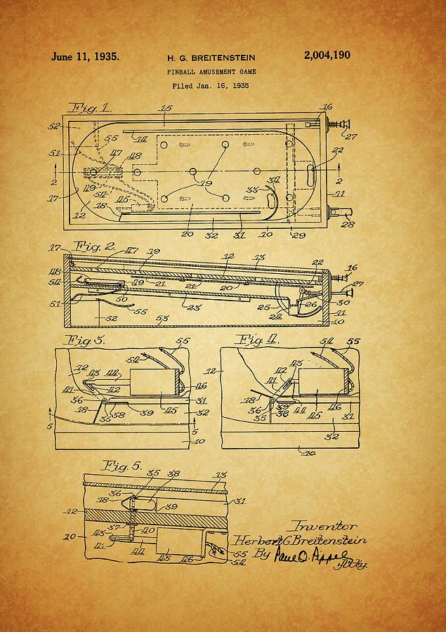 Pinball Machine Drawing - 1935 Pinball Machine Patent by Dan Sproul