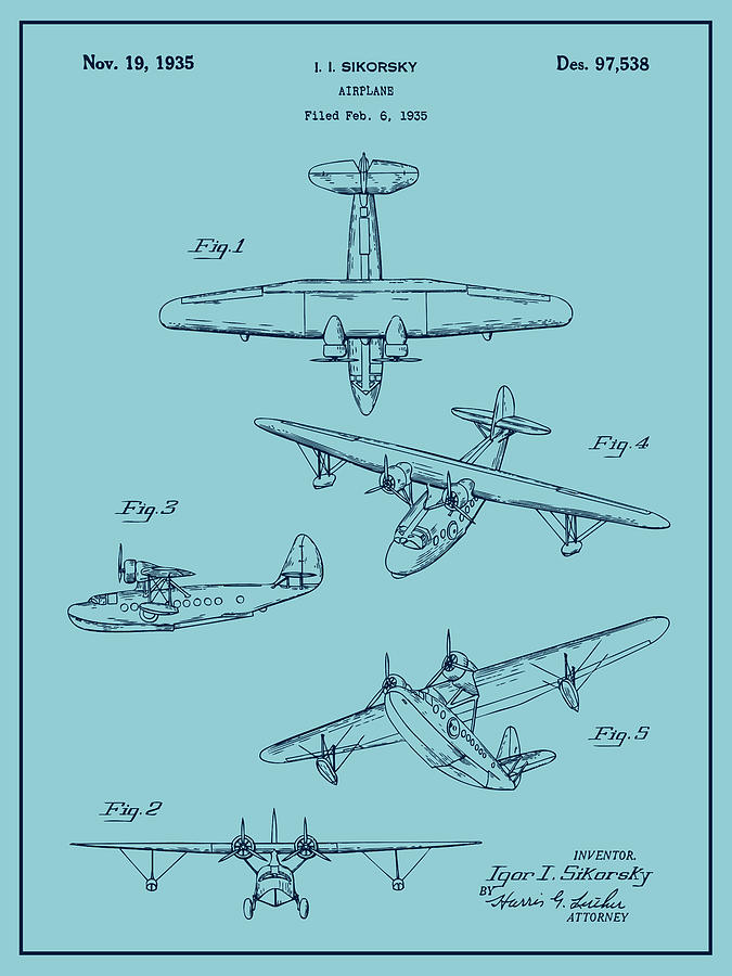 1935 Sikorsky Seaplane Patent Print Light Blue Drawing By Greg Edwards 