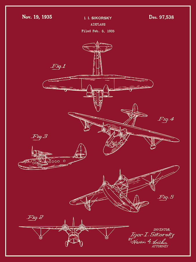 1935 Sikorsky Seaplane Patent Print Red Drawing By Greg Edwards - Fine 