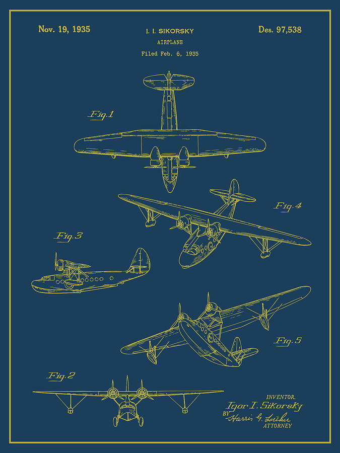 1935 Sikorsky Seaplane Patent Print Shadow Blue Drawing by Greg Edwards ...