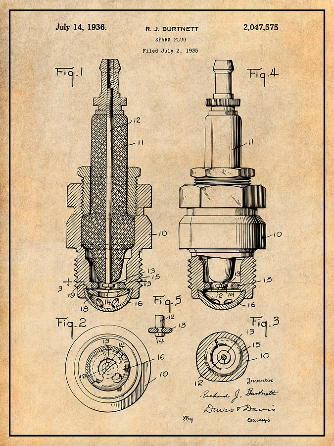 1935 Spark Plug Antique Paper Patent Print Photograph by Greg Edwards