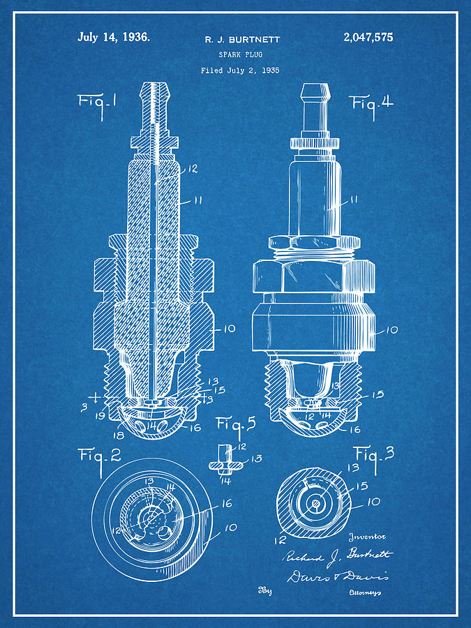 1935 Spark Plug Blueprint Patent Print  Drawing by Greg Edwards