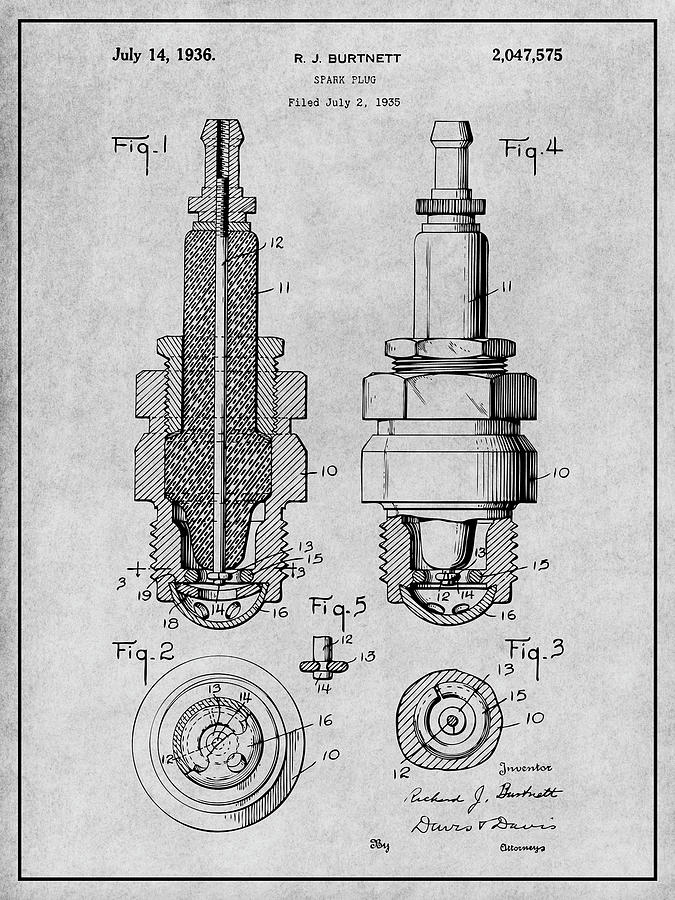 1935 Spark Plug Gray Patent Print Drawing by Greg Edwards