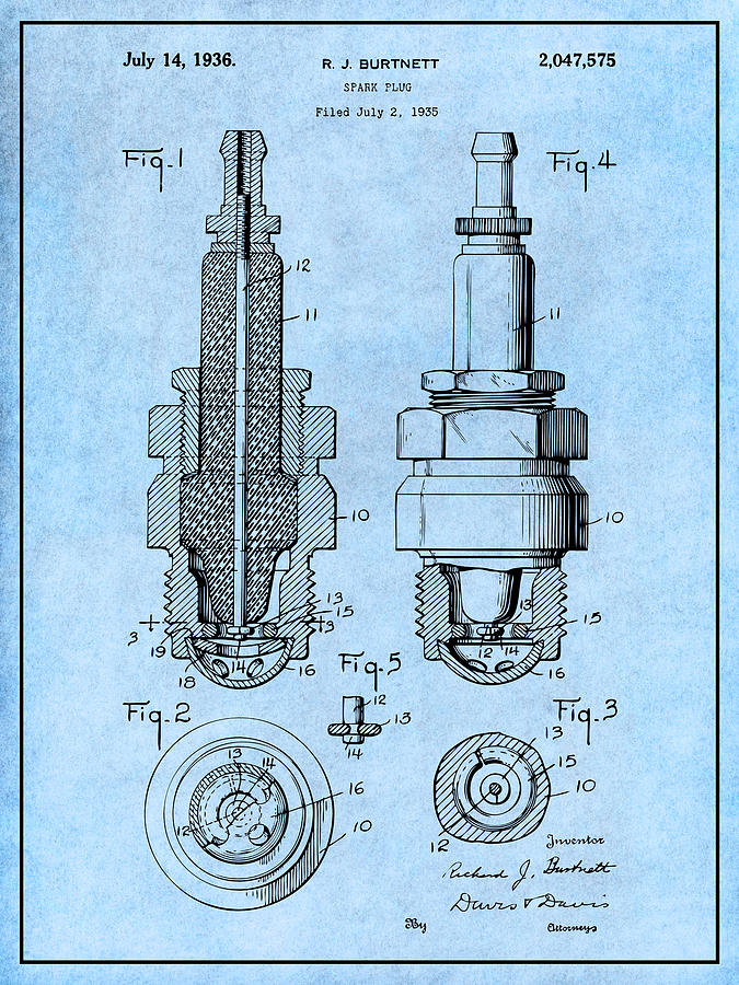 1935 Spark Plug Light Blue Patent Print  Drawing by Greg Edwards