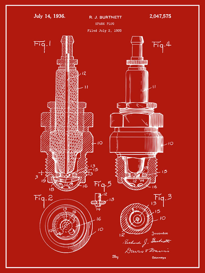 1935 Spark Plug Red Patent Print Drawing by Greg Edwards